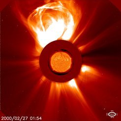 <p><em>Spectacular coronal mass ejection (CME) observed with the LASCO instrument on board the SOHO spacecraft. Giant gaseous clouds are ejected at speeds of up to seven million kilometers per hour and can result in strong magnetic disturbances on Earth.</em></p>