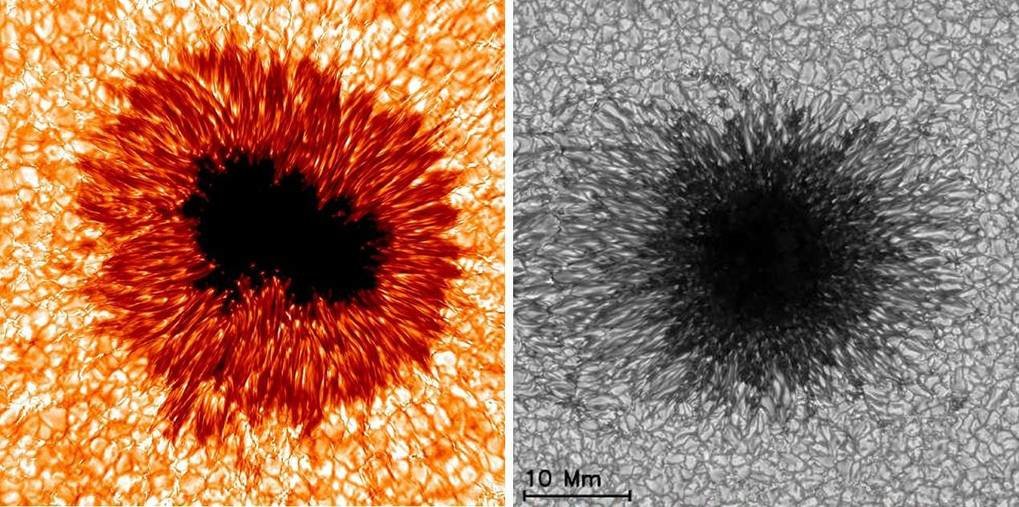 © NSO (links) und MPS (rechts) <div class="local_attribute_container_inner">
<p>Ein Sonnenfleck: In der Bobachtung (links) und in der Simulation (rechts)</p>
</div>