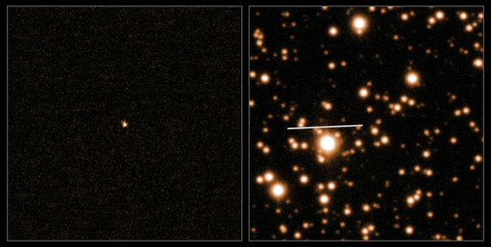 Links: Durch aufwändige Rechnungen, in denen der Hintergrund aus unzähligen Sternen entfernt wurde, tritt der Komet 67P/Churyumov-Gerasimenko als heller Punkt zu Tage. Die Beobachtungen wurden mit Hilfe des Very Large Telescope der Europäischen Südsternwarte am 5. Oktober 2013 aus einer Entfernung von etwa 500 Millionen Kilometern durchgeführt. Rechts: Die Flugbahn des Kometen vor dem Sternenhintergrund. <br /><br />