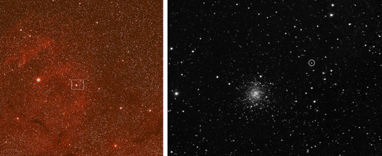 Komet 67P/Churymov-Gerasimenko im Sternbild Ophiuchus. Links: Dieses Bild, das mit der Weitwinkelkamera (WAC) am 20. März 2014 aufgenommen wurde, zeigt einen Bereich, der 25 mal so groß ist wie der Durchmesser des Vollmondes. Das Farbkomposit zeigt im Hintergrund Wasserstoffgas und Staubwolken im Sternbild Ophiuchus. Der weiße Rahmen gibt die Lage der Nahaufnahme an, die mit der Telekamera (NAC) aufgenommen wurde (rechts). Rechts: Ein Ausschnitt aus einem Bild, das am 21. März 2014 mit der Telekamera (NAC) aufgenommen wurde. Der kleine Kreis neben dem hellen Sternhaufen M107 deutet auf den Kometen hin. <br />Die Bilder wurden aus einer Entfernung von etwa fünf Millionen Kilometern vom Kometen aufgenommen. Rosetta befand sich zu diesem Zeitpunkt etwa 660 Millionen Kilometer von der Erde entfernt. <br /><br />