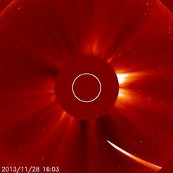 Images taken by the LASCO instrument ob board the solar observatory SOHO on November 28th, 2013 show comet ISON approaching perihelion.