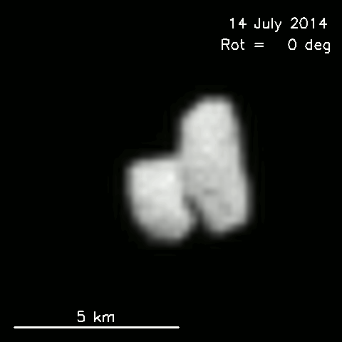 ESA/Rosetta/MPS for OSIRIS Team MPS/UPD/LAM/IAA/SSO/INTA/UPM/DASP/IDA A sequence of 36 interpolated images of comet 67P/Churyumov-Gerasimenko each separated by approximately 20 minutes. The images were obtained by OSIRIS on July 14th, 2014 from a distance of approximately 12000 kilometers. <br /><br />
