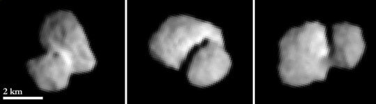 Drei Ansichten des Kometen 67P/Churyumov-Gerasimenko, die am 20. Juli 2014 aus einer Entfernung von 5500 Kilometern aufgenommen wurden. Die einzelnen Bilder liegen jeweils zwei Stunden auseinander. <br /><br />