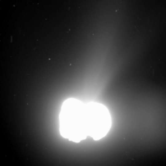 Durch gezielte Überbelichtung des Kerns von 67P/Churyumov-Gerasimenko werden Strukturen in der Koma des Kometen sichtbar. Dieses Bild wurde am 2. August 2014 aus einer Entfernung von 550 Kilometern aufgenommen. Die Belichtungszeit betrug 5,5 Minuten.