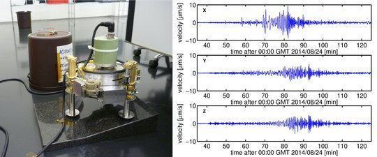 © MPS <span style="font-size: small;"><span style="font-size: 10pt;">Seismic test with a conventional Earth seismometer in the MPS cleanroom, simulating the installation on a tilted surface, and the three-component seismogram of an earthquake located in Micronesia (magnitude 6.9, filtered between 1 and 0.01 Hz) which was recorded during this test.</span></span>