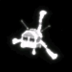 Die Landeeinheit etwa zwei Stunden nach der Trennung, aufgenommen vom Kamerasystem OSIRIS an Bord der Muttersonde Rosetta aus einer Entfernung von 2,5 Kilometern. Die Detailauflösung beträgt fünf Zentimeter pro Pixel. <br /><br />