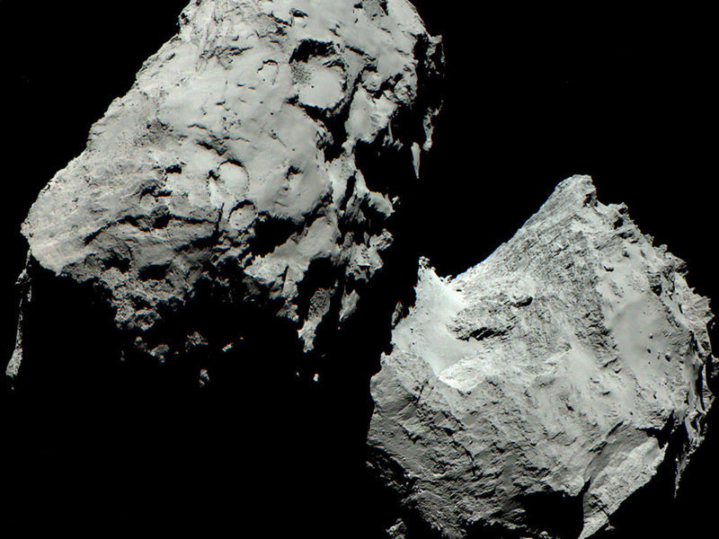 A colour image of Rosetta’s comet 67P/Churyumov-Gerasimenko composed of three images taken by the scientific imaging system OSIRIS in the red, green and blue filters on August 6th, 2014 from a distance of 120 kilometers.