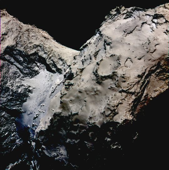 False color image showing the smooth Hapi region connecting the head and body of comet 67P/Churyumov-Gerasimenko. Differences in reflectivity have been enhanced in this image to emphasise the blueish color of the Hapi region. The scientific data was acquired on 21 August 2014 by the scientific imaging system OSIRIS successively with the filters centered at 989, 700 and 480 nanometers and the images then superposed. During these observations Rosetta was 70 km far away from the comet.