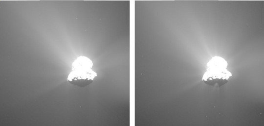 Ein Blick auf den Kometen 67P/Churyumov-Gerasimenko im genau richtigen Moment. Links: Am 12. März 2015 um 7.13 Uhr sind keine Staubfontänen an der verschatteten Unterseite des Kometen zu sehen. Rechts: Zwei Minuten später zeigt sich deutlich eine Fontäne. <br />Beide Aufnahmen stammen von OSIRIS. dem wissenschaftlichen Kamerasystem der ESA-Raumsonde Rosetta.