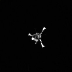 Etwa zwei Stunden nach dem Ablösen von Rosetta fängt das wissenschaftliche Kamerasystem OSIRIS dieses Bild von Philae auf dem Weg zur Kometenoberfläche ein. <br /><br />