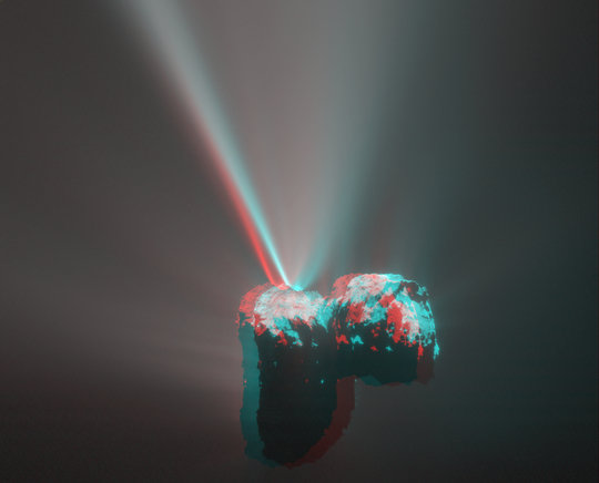 Ein Anaglyphenbild des Kometen 67P/Churyumov-Gerasimenko, das in drei Dimensionen die Regionen Babi, Aker, Ma’at und Hatmehit auf der Kometenoberfläche zeigt sowie ein breit aufgefächerte Staubfontäne. Das Bild besteht aus zwei Aufnahmen, welche die Telekamera (NAC) von OSIRIS am 12. August 2015 eingefangen hat. Die Aufnahmen trennen 2 Minuten und 28 Sekunden. Das Anaglyphenbild wurde erzeugt von D. Romeuf (University Claude Bernard Lyon 1, France).<br /><br />