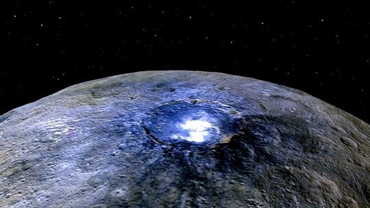 This representation of the Occator crater in false colors shows the differences in the surface composition. Red corresponds to a wavelength range around 0.97 micrometres (near infrared), green to a wavelength range around 0.75 micrometres (red, visible light) and blue to a wavelength range of around 0.44 micrometres (blue, visible light). These images were taken with the aid of the camera system aboard NASA’s Dawn space probe from a distance of 4425 kilometers.