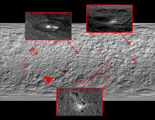 Mosaic of the surface: Most of the 130 bright spots (shown in red here) on the dwarf planet Ceres are associated with craters, as this image shows. Three zooms provide a closer look at these regions. Top left: A kind of haze appears above the Occator crater when the Sun shines in. Therefore, this could indicate that the crater contains frozen water beneath the surface. Top right: The Oxo crater is the second brightest structure on Ceres. A kind of haze can be found there as well. Bottom: A typical crater without water. The brightness originates from mineral salts which could have dried up over time.