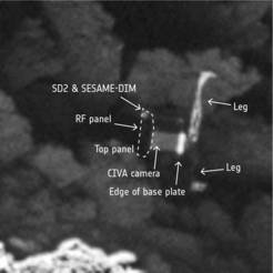 Details of Philae, including one of the CIVA panoramic imaging cameras, the SD2 drill and SESAME-DIM (Surface Electric Sounding and Acoustic Monitoring Experiment Dust Impact Monitor).