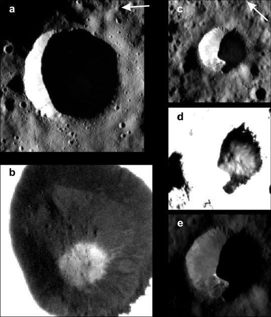 Crater No. 1, whose interior has a large region in permanent darkness (a). In the weak scattered light, the framing cameras can make out bright deposits of ice (b). Crater No. 2 with its dark region is shown in Figures (c) to (e). The ice shown in (d) extends into the region with direct illumination (e). <br /><br />