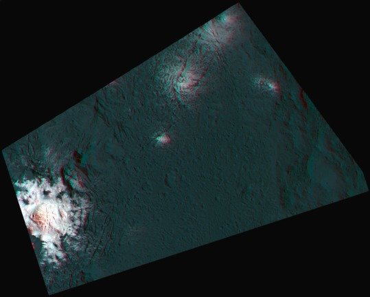 This 3d-anaglyph for the first time shows a part of Occator crater in a combination of anaglyphe and false-color image.