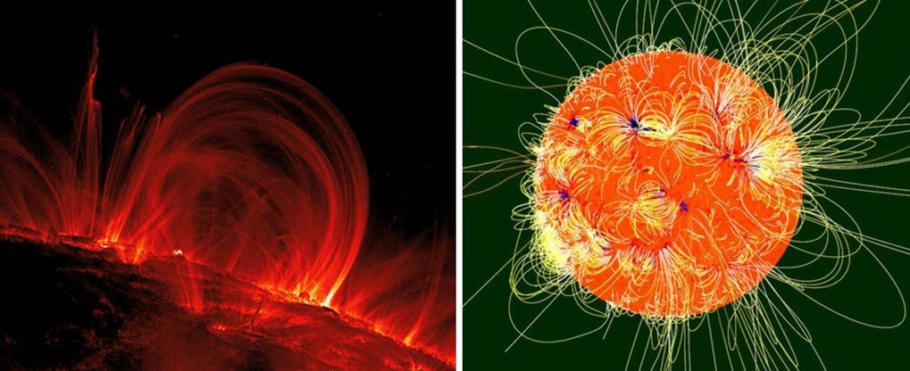 © Trace (links) und MPS (rechts) Das Magnetfeld der Sonne, sichtbar durch leuchtendes Plasma, das sich an den Feldlineien ausrichtet (links), und in einer Simulation (rechts).