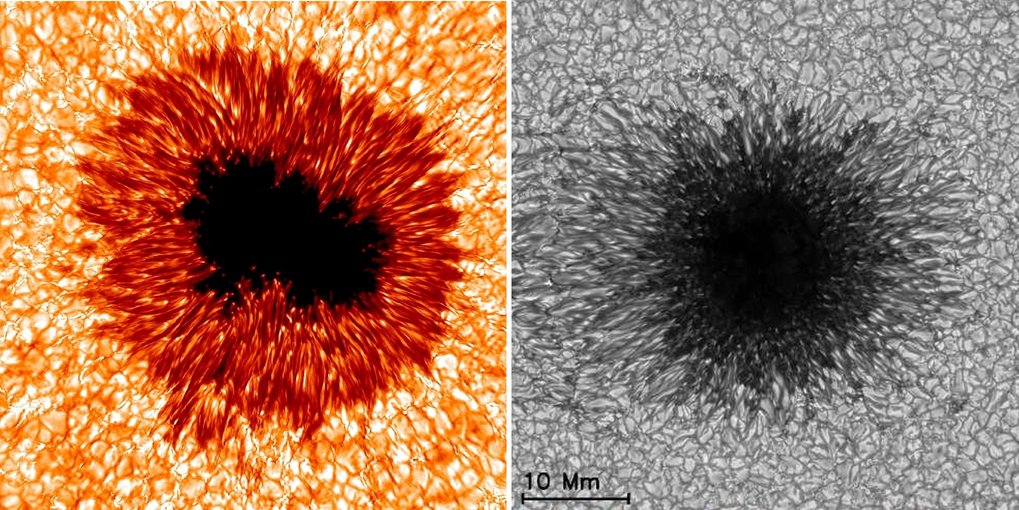 © NSO (links) und MPS (rechts) <div class="local_attribute_container_inner">
<p>Ein Sonnenfleck: In der Bobachtung (links) und in der Simulation (rechts)</p>
</div>