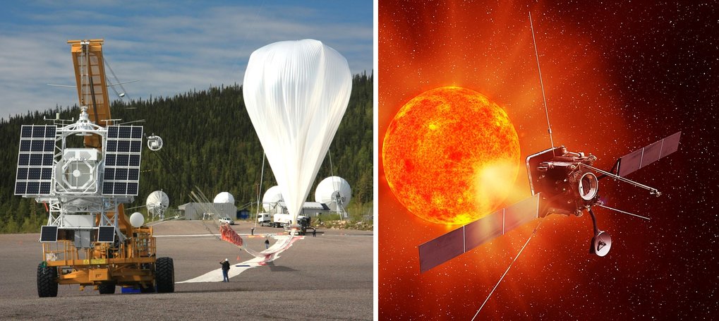 © MPS (links) und ESA (rechts) Das ballongetragenen Sonnenobservatorium Sunrise beobachtet die Sonne von der Stratosphäre aus (links). Die Weltraumsonde Solar Orbiter der ESA wird die Sonne ab 2017 aus bisher unerreichter Nähe in Augenschein nehmen (rechts).