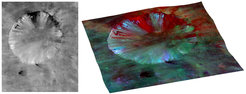 The Numisia crater just south of Vesta’s equator has a diameter of 30 kilometers. Images obtained by the camera system on board NASA’s spacecraft Dawn with the clear filter (left) show dark material in the crater walls and in the material ejected during impact. The camera system’s color filters can filter individual wavelengths from the reflected light and thus make further variations in the surface composition visible (right). In data like this the researchers found the characteristic fingerprints of the mineral serpentine.