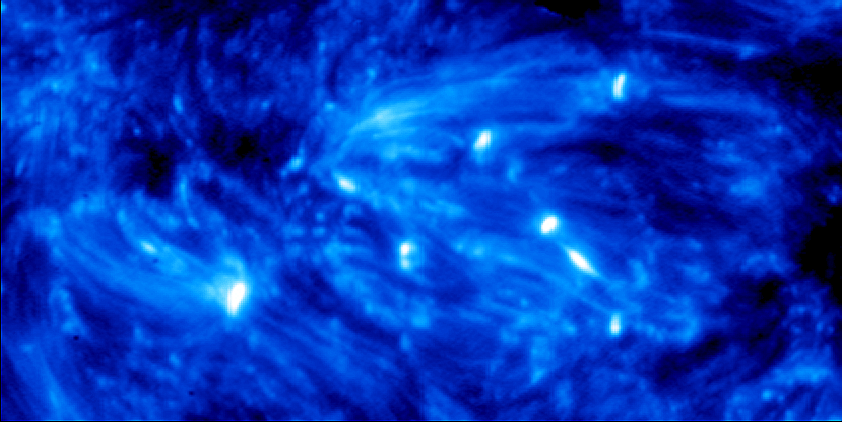 Hot explosions in an active region of the Sun. In this image of the photosphere that was obtained at the end of September 2013 with the help of IRIS, the explosions are the bright spots. The image shows a sector with a size of 50 000 kilometers by 25 000 kilometers. <br /><br />