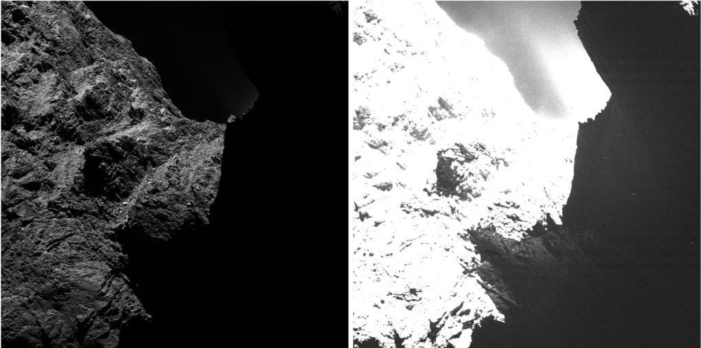 Ein Bild des Kometen 67P/Churyumov-Gerasimenko, das am 30. Oktober 2014 vom Kamerasystem OSIRIS aus einer Entfernung von etwa 30 Kilometern aufgenommen wurde, ist hier in zwei verschiedenen Sättigungsstufen dargestellt. In dem linken Bild liegt die rechte Hälfte im Dunkeln; Strukturen lassen sich dort nicht erkennen. Im rechten Bild werden an derselben Stelle Strukturen sichtbar. <br /><br />