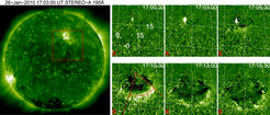 A look at the Sun’s right limb on 26 January 2010. Within the marked red square a large-scale blast wave travels through the Sun’s atmosphere. These images were obtained with the help of NASA’s STERO A probe and show the Sun’s atmosphere in extreme ultraviolet light.