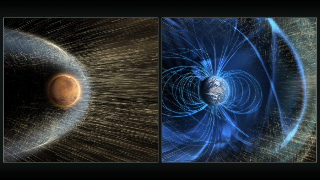 Solar wind reaches the upper atmosphere of Mars while the Earth atmosphere is protected bz the Earth magnetic field. (Image @NASA/GSFC).