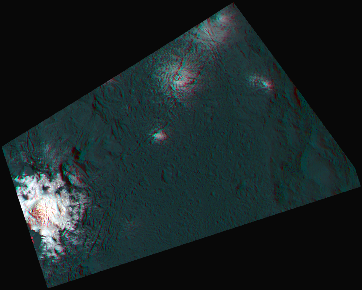 This 3d-anaglyph for the first time shows a part of Occator crater in a combination of anaglyphe and false-color image.