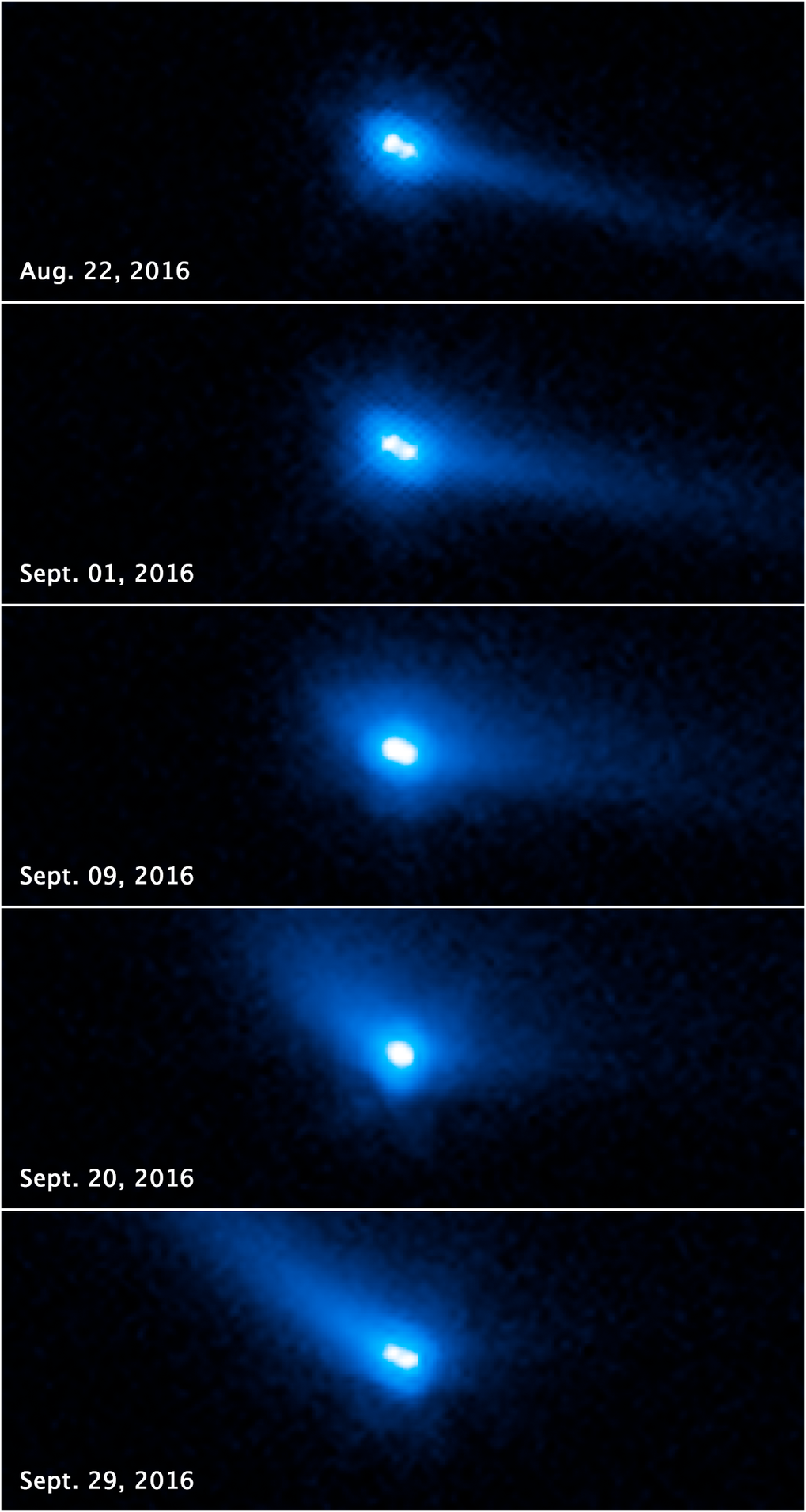 Diese Aufnahmen des Weltraumteleskops Hubble zeigen den Asteroiden 288P. Er besteht nicht nur aus zwei getrennten Teilen, sondern weist auch einen kometenähnlichen Schweif auf.<br /><br />