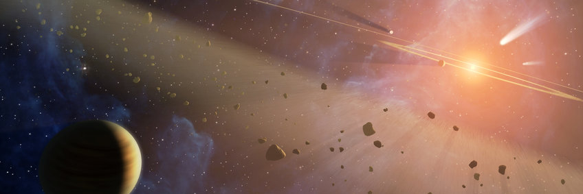 Artist's impression of an early solar system: a sun with a disk in the background to the right, planetoids and a planet in the foreground to the left