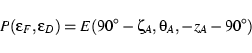\begin{displaymath}P(\epsilon_F,\epsilon_D) = E(90^{\circ}-\zeta_A,\theta_A,-z_A-90^{\circ})
\end{displaymath}