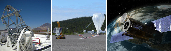 Series of three images showing various ground-based, balloon-borne and space-based solar telescopes.