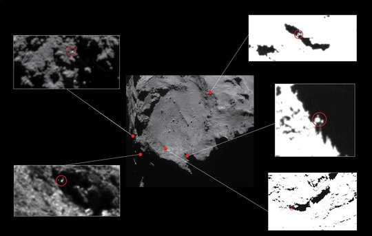 Approximate locations of five lander candidates initially identified in high-resolution OSIRIS Narrow Angle Camera images taken in December 2014, from a distance of about 20 km from the centre of Comet 67P/C-G. The candidates are circled in the close-ups, identifying Philae-sized features approximately 1–2 m across. The contrast has been stretched in some of the images to better reveal the candidates. All but one of these candidates (top left) have subsequently been ruled out of consideration due to constraints including the reconstructed lander trajectory and topography at the landing site. The candidate at top left lies near to the current CONSERT ellipse. <br /><br />