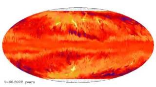 <span>Simulation of a magnetic field in a rapidly rotating Sun. In contrast to the Sun, the magnetic fields generated develop magnetic fields at high latitudes and concentrated at certain stellar longitudes.</span>