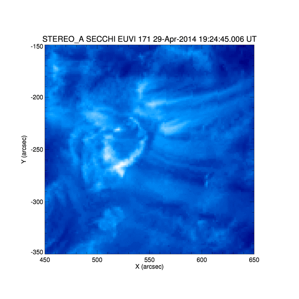 The flare from 29 April, 2014 as seen by the instrument SECCHI/EUVI on board STEREO at a wavelength of 171 Å.