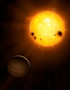 Der Blick des CoRoT-Weltraumteleskops auf den Stern HD52265 und den Exoplaneten, der ihn umkreist. (Grafik: Mark A. Garlick / markgarlick.com)