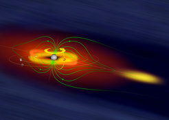 Die Raumsonde JUICE wird das komplexe Wechselspiel zwischen der Magnetosphäre des Jupiters (grüne Linien), seinen Monden und einem Torus aus geladenen und ungeladenen Teilchen um den Planeten (gelbe Ringe) untersuchen.