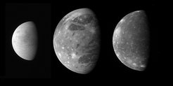 Die Reiseziele der JUICE-Mission: Europa, Ganymed und Kallisto (von links). Die Aufnahmen stammen vom Vorbeiflug der NASA-Raumsonde New Horizons am Jupitersystem vor sechs Jahren.