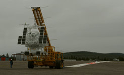 After the launching vehicle had transported the solar observatory Sunrise to the launch pad, the empty balloon was laid out behind the vehicle.