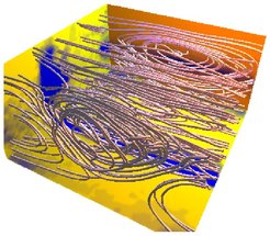 Magnetic reconnection and turbulence are closely related to each other. The figure shows the magnetic field resulting from plasma kinetic numerical simulations of reconnection in the solar corona