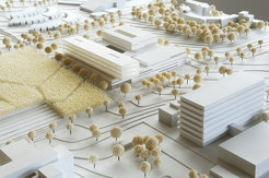 Wie das Modell zeigt, fügt sich der Neubau harmonisch in die Architektur ein, welche die Fakultät für Chemie (am rechten Bildrand) vorgibt.