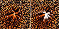A glance at comet Tempel 1 through a telescope. The active regions are responsible for the bright jets (Left). With the help of their computer simulation the MPS-scientists can reconstruct the image seen from Earth (Right).