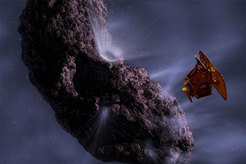 Künstlerische Darstellung der Raumsonde "Deep Impact" in der Nähe des Kometen 9P/Tempel 1 am 4. Juli 2005
