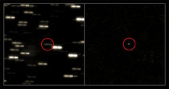 Comet 67P/Churyumov-Gerasimenko as observed on Februaray 28th, 2014, with the Very Large Telescope. Left: In order to make the comet visible, the scientists superposed several exposures. The images were shifted to compensate for the comet's motion. The stars appear as broadly smudged lines. Right: Subtracting the starry backgrouns reveals the comet.