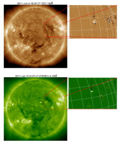 On July 8th, 2011 the Sun hurled a high concentration of helium 3 into space. With the help of the space probes SDO (top, July 8th) and STEREO (bottom, July 15th) the source region on the Sun could be monitored for several days.