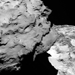 Close-up detail of comet 67P/Churyumov-Gerasimenko. The image was taken by Rosetta’s OSIRIS narrow-angle camera and downloaded today, 6 August. The image shows the comet’s ‘head’ at the left of the frame, which is casting shadow onto the ‘neck’ and ‘body’ to the right.
The image was taken from a distance of 120 km and the image resolution is 2.2 metres per pixel.