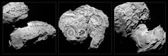 Fünf Gebiete auf dem Kometen 67P kommen als Landestellen in Frage. In diesen drei Ansichten des Kometen ist die ungefähre Lage der Landestellen eingetragen. Die Bilder wurden mit Hilfe des wissenschaftlichen Kamerasystems OSIRIS am 16. August 2014 aus einer Entfernung von etwa 100 Kilometern aufgenommen. Die 5 Landestellen wurden aus einer Vorauswahl aus zehn Landestellen ausgewählt. Sie sind mit den Buchstaben A, B, C, I und J bezeichnet. Die Bezeichnung enthält keine Rangfolge der Landestellen.