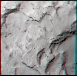 Der ausgewählte Landeplatz in Anaglyphendarstellung.