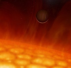 Artist's impression of the gas giant planet around V391 Pegasi at the time when the host star was on the red giant branch at maximum expansion. Today, the planet orbits a post-red giant star and has therefore obviously survived the previous expansion of its host star's enevelope (Silvotti, Schuh, Janulis et al. 2007, Nature 449, 189).